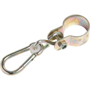 Metalowy łańcuch węzłowy z karabińczykiem i obejmą rurową do mocowania.