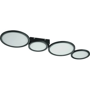 Nowoczesny plafon LED t.b.t. z czterema okrągłymi lampami w kolorze czarnym. Lampa sufitowa do użytku wewnętrznego.