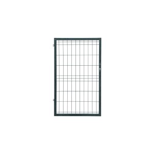 Zielona metalowa furtka ogrodowa t.b.t., część panelu ogrodzeniowego.