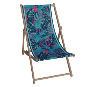 Drewniany leżak ogrodowy z tropikalnym wzorem liści w kolorze różowym i turkusowym.