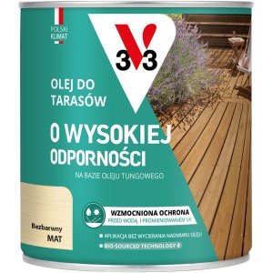 Puszka bezbarwnego, matowego oleju do tarasów V33. Ochrona drewna do użytku zewnętrznego.