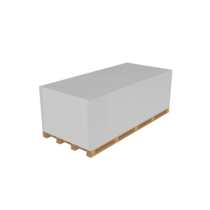 Stos płyt kartonowo-gipsowych na palecie, idealny do suchej zabudowy, dostępny w OBI.