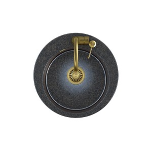 Okrągły, czarny zlewozmywak granitowy ze złotą baterią, widok z góry.