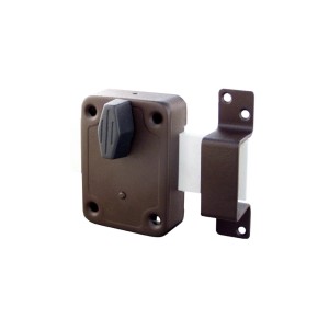 Brązowy zamek do drzwi z gałką i płytką montażową do drzwi wewnętrznych.