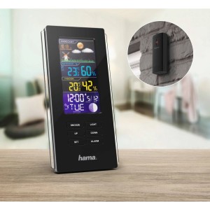 Czarna stacja pogodowa z czujnikiem zewnętrznym, wyświetlająca temperaturę i wilgotność.