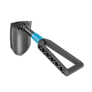 Składana łopata z niebieską rączką, idealna na kemping i do ogrodu.