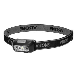 Czarna latarka czołowa t.b.t. z szarą opaską.