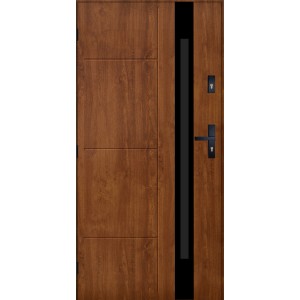 Brązowe drzwi zewnętrzne z czarnym akcentem i klamką.