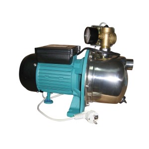 Pompa elektryczna z niebieskim silnikiem i srebrnym korpusem pompy.