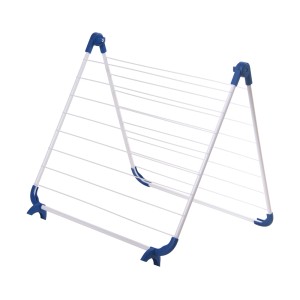 Składana suszarka na pranie t.b.t. z białymi prętami i niebieskimi akcentami.