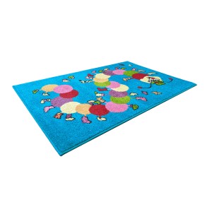 Niebieski dywan z kolorowymi kołami i figurami, dywan z krótkim włosiem do pokoju dziecięcego.