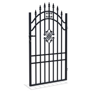 Czarna metalowa furtka ogrodzeniowa z elementami dekoracyjnymi.