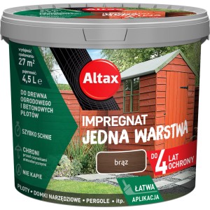 Impregnat do drewna Altax, brązowy, do płotów, domków narzędziowych i pergoli. Chroni do 4 lat.