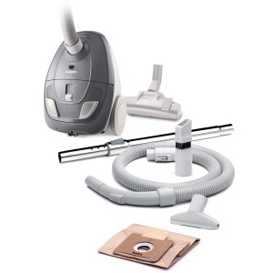 Odkurzacz t.b.t. z akcesoriami, takimi jak ssawki i worki do odkurzacza.