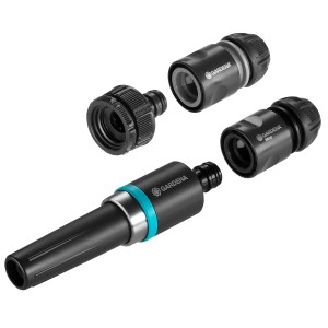 Gardena EcoLine zestaw podstawowy: pistolet zraszający, przyłącze kranowe, adapter i złącze węża.