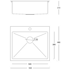 Szkic zlewozmywaka ze stali nierdzewnej z wymiarami.