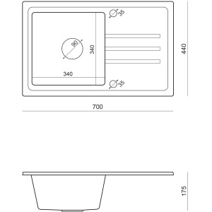 Rysunek techniczny zlewozmywaka granitowego t.b.t. z wymiarami.