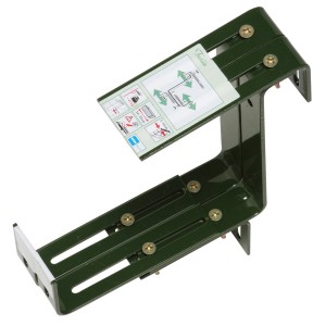 Zielony, regulowany stalowy uchwyt na skrzynkę balkonową do ścian/parapetów o grubości 4-14 cm.