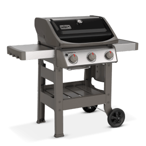 Grill gazowy Weber, model t.b.t., z półkami i kółkami dla łatwego transportu.