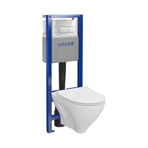 Zestaw WC wiszącego ze stelażem podtynkowym i przyciskiem.