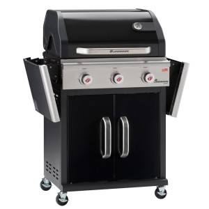 Czarny grill gazowy Landmann Triton PTS 3.0 z 3 palnikami i składanymi półkami bocznymi.