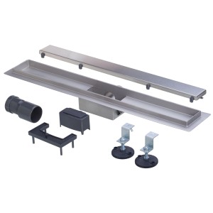 Odwodnienie liniowe t.b.t.: Odpływ ze stali nierdzewnej z akcesoriami do kabiny typu walk-in.