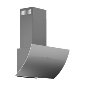 Nowoczesny, srebrny okap ścienny t.b.t. do kuchni.