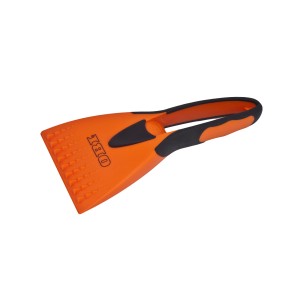 Skrobaczka do szyb OBI SoftGrip, pomarańczowa z zębami do kruszenia lodu i ergonomicznym uchwytem do pielęgnacji samochodu.