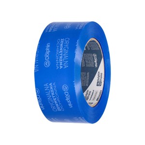 Rolka niebieskiej t.b.t. taśmy klejącej do użytku zewnętrznego z nadrukiem.