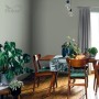 Pokój dzienny z farbą ścienną Dulux w stonowanej zieleni. Kolorowe farby ścienne dla przytulnej atmosfery.