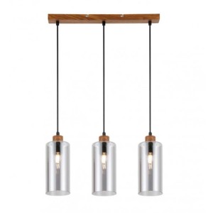 Nowoczesna lampa wisząca z trzema szarymi szklanymi kloszami i drewnianymi elementami.