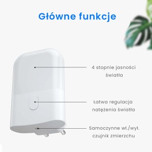 Biała lampka wtykowa t.b.t. z czujnikiem zmierzchu i 4 poziomami jasności.