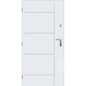 Białe drzwi zewnętrzne z poziomymi liniami dekoracyjnymi i srebrną klamką.
