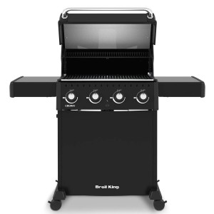 Czarny grill gazowy t.b.t. z otwartą pokrywą i półkami bocznymi.