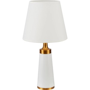 Lampa stołowa t.b.t. z białym abażurem i złotymi akcentami. Dekoracyjna lampa do salonu.