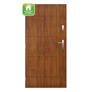 Brązowe drzwi zewnętrzne z drewnianą strukturą i srebrną klamką.