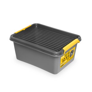 Szare pudełko do przechowywania z czarną pokrywką i żółtymi akcentami.