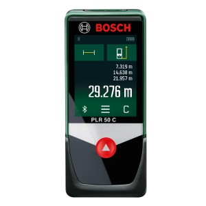Laserowy miernik odległości Bosch PLR 50 C z cyfrowym wyświetlaczem wyniku pomiaru.