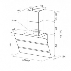 Rysunek techniczny okapu ściennego t.b.t. z wymiarami.