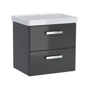 t.b.t. Szafka pod umywalkę, szara z dwiema szufladami i białą umywalką.