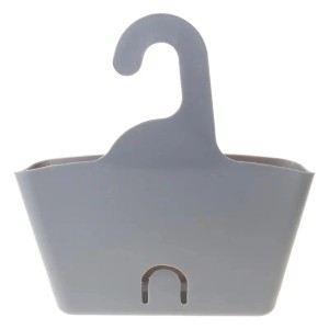 Szary koszyk pod prysznic do zawieszenia, część zestawu akcesoriów łazienkowych.