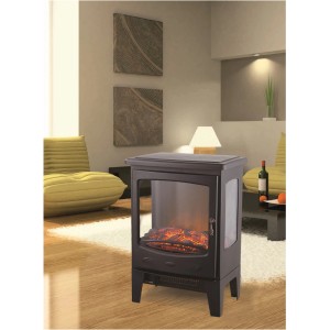 Kominek elektryczny t.b.t. w salonie, czarna rama, symulowany ogień.
