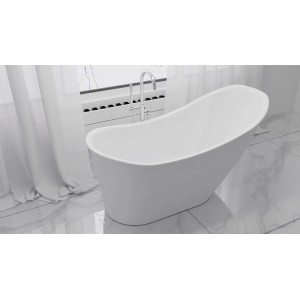 Wolnostojąca, owalna wanna w kolorze białym z baterią na jasnym tle.