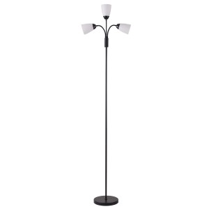 Czarna lampa podłogowa t.b.t. z trzema białymi kloszami do salonu.