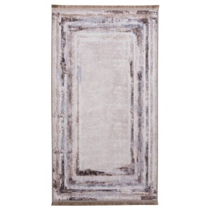 Beżowy dywan z krótkim włosiem i abstrakcyjnym wzorem ramy. Dekoracyjny dywan t.b.t. do salonu.