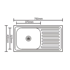 Szkic zlewozmywaka ze stali nierdzewnej t.b.t. o wymiarach 750x400mm.