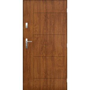 Brązowe drzwi zewnętrzne z drewnianą strukturą i srebrną klamką.