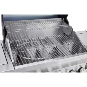 Grill gazowy ze stali nierdzewnej z rusztem do grillowania i rusztem do podgrzewania.