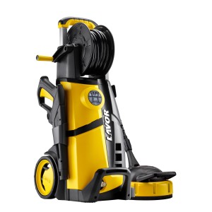 Żółto-czarna myjka ciśnieniowa z bębnem na wąż.