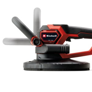 Szlifierka do suchej zabudowy akumulatorowa Einhell TP-DWS 18/225 Li Bl-Solo, czerwono-czarna, z tarczą szlifierską i uchwytem.